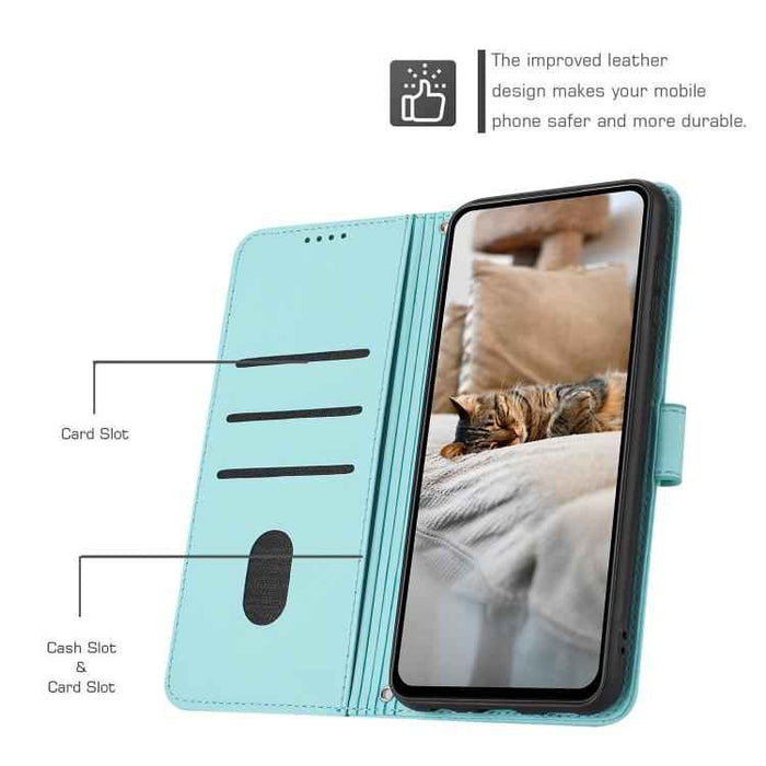 For iPhone 17 Pro Max Embossed Kitten Phone Leather Case with Lanyard(Mint Green)