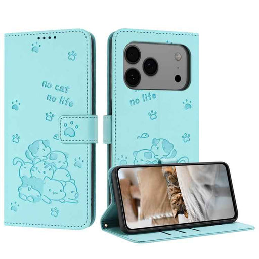 For iPhone 17 Pro Max Embossed Kitten Phone Leather Case with Lanyard(Mint Green)