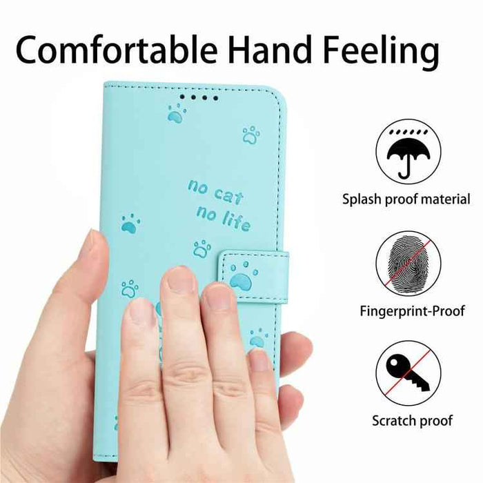For iPhone 17 Pro Max Embossed Kitten Phone Leather Case with Lanyard(Mint Green)