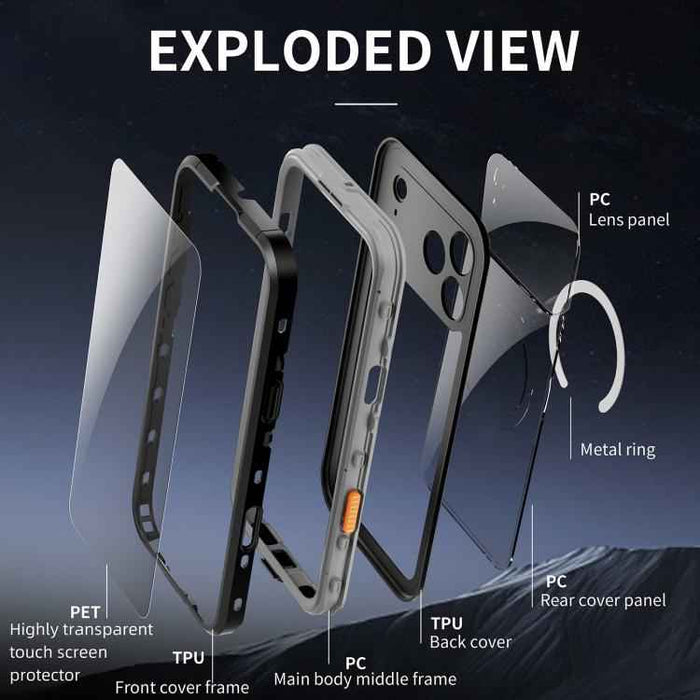 For iPhone 17 Pro Max RedPepper Transparent Dot IP68 Waterproof Triple-proof MagSafe Phone Case(Black Dark Grey)