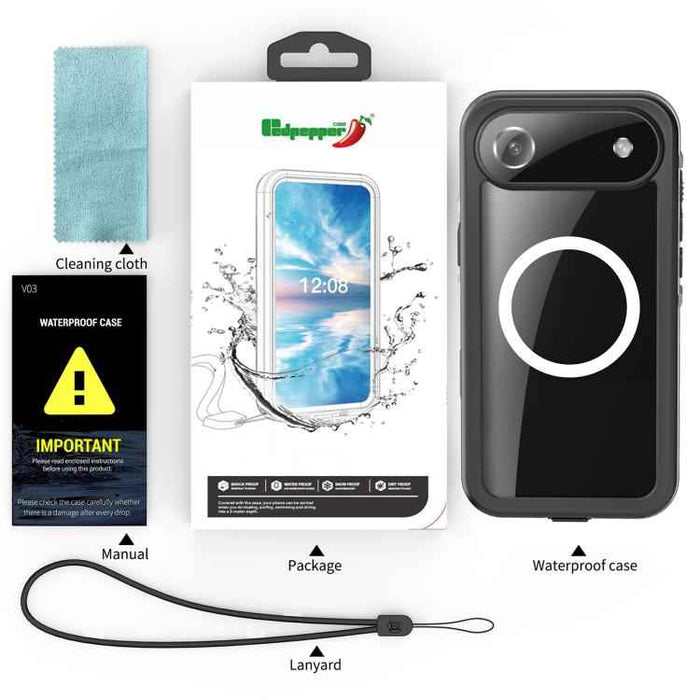 For iPhone 17 Air RedPepper Transparent Dot IP68 Waterproof Triple-proof MagSafe Phone Case(Black Dark Grey)