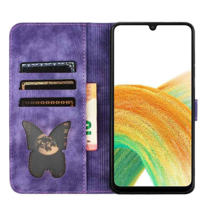 For Samsung Galaxy S25 FE 5G Butterfly Cat Embossing Flip Leather Phone Case(Purple)