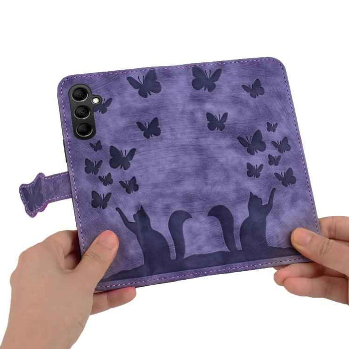 For Samsung Galaxy S25 FE 5G Butterfly Cat Embossing Flip Leather Phone Case(Purple)