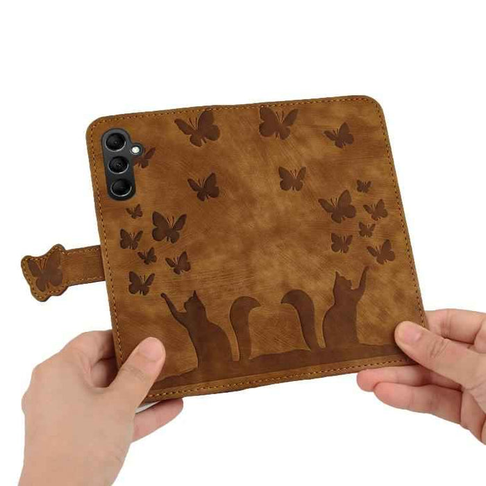 For Samsung Galaxy S25 FE 5G Butterfly Cat Embossing Flip Leather Phone Case(Brown)