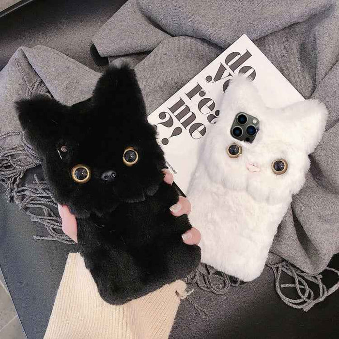 For iPhone 12 3D Cute Cat Plush Full Coverage Phone Case(Pink)