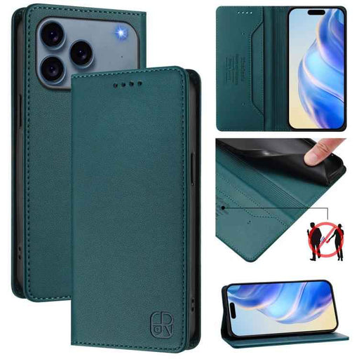 For iPhone 17 Pro Max RC01 Dual-Folded Magnetic Suction RFID Leather Phone Case(Dark Green)