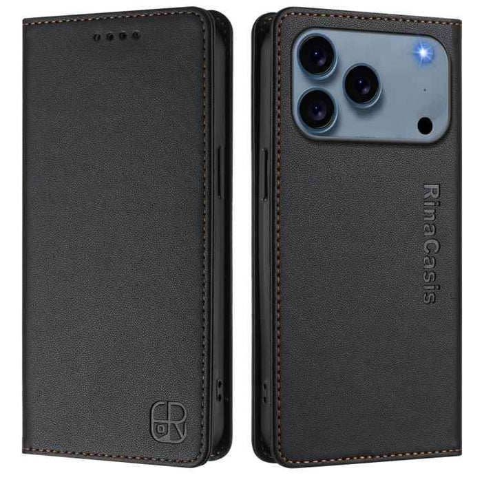 For iPhone 17 Pro RC01 Dual-Folded Magnetic Suction RFID Leather Phone Case(Black)