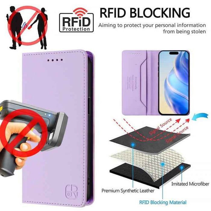 For iPhone 17 Pro RC01 Dual-Folded Magnetic Suction RFID Leather Phone Case(Light Purple)