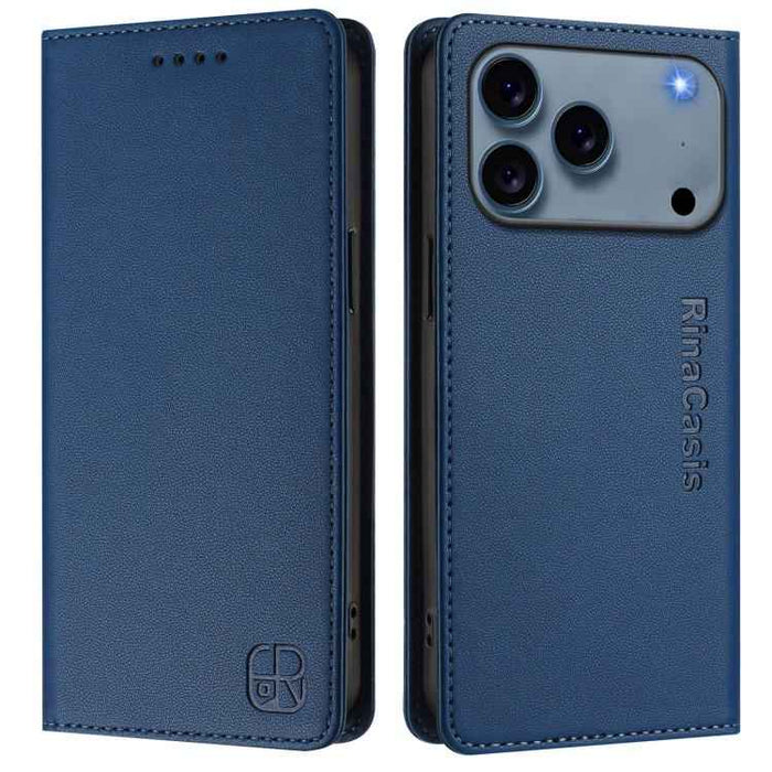 For iPhone 17 Pro RC01 Dual-Folded Magnetic Suction RFID Leather Phone Case(Dark Blue)