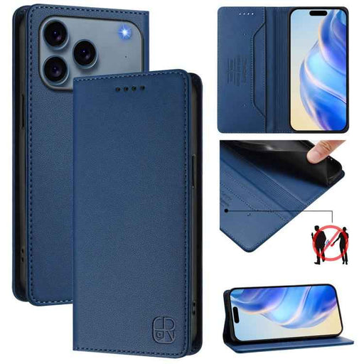 For iPhone 17 Pro RC01 Dual-Folded Magnetic Suction RFID Leather Phone Case(Dark Blue)