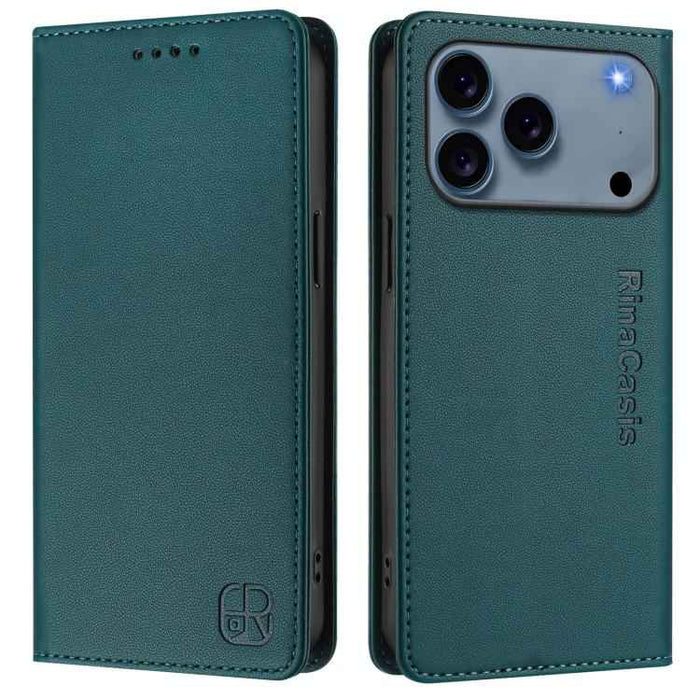 For iPhone 17 Pro RC01 Dual-Folded Magnetic Suction RFID Leather Phone Case(Dark Green)