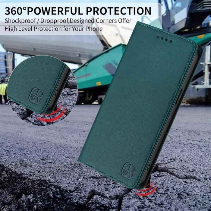 For iPhone 17 Pro RC01 Dual-Folded Magnetic Suction RFID Leather Phone Case(Dark Green)