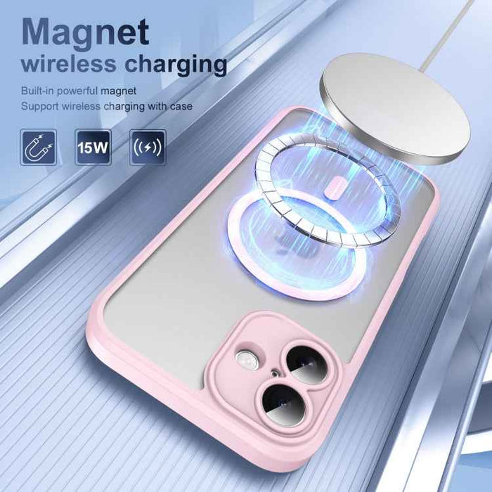 For iPhone 16 Plus Translucent Frosted MagSafe Phone Case with AI Button(Pink)
