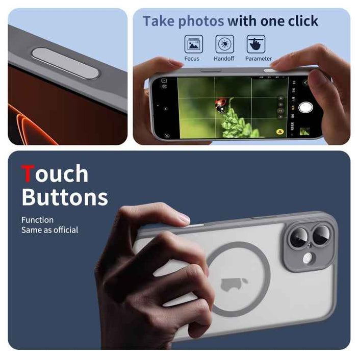 For iPhone 16 Plus Translucent Frosted MagSafe Phone Case with AI Button(Grey)