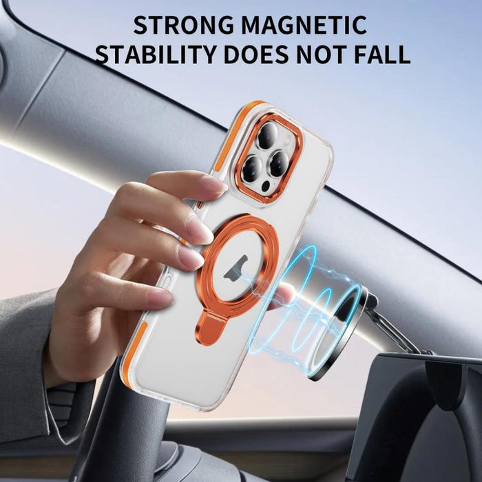 For iPhone 16 Pro Max Two Color TPU Hybrid Acrylic MagSafe Magnetic Holder Phone Case(Orange) - BaskiFit