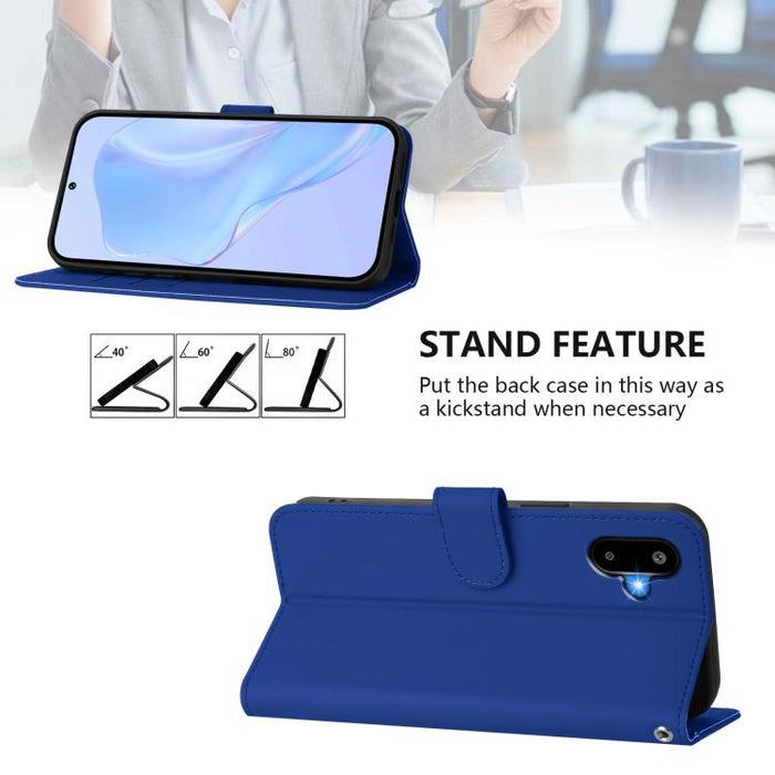 For Samsung Galaxy F06 5G / M06 5G Skin Feel Solid Color Leather Phone Case with Lanyard(Dark Blue)