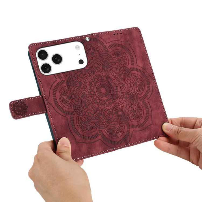 For iPhone 17 Pro Max Mandala Embossed Retro Frosted Leather Phone Case(Red)