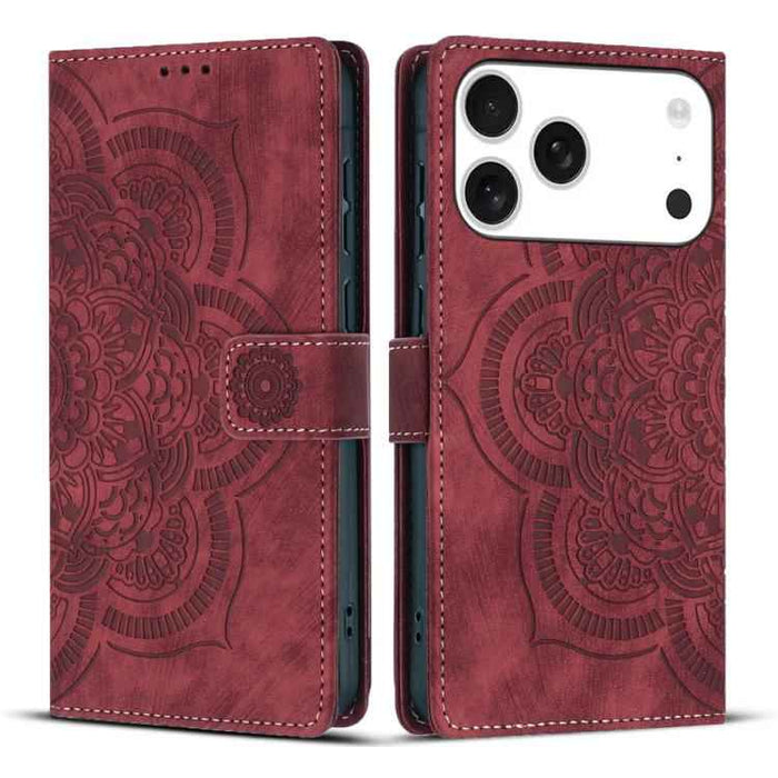 For iPhone 17 Pro Max Mandala Embossed Retro Frosted Leather Phone Case(Red)