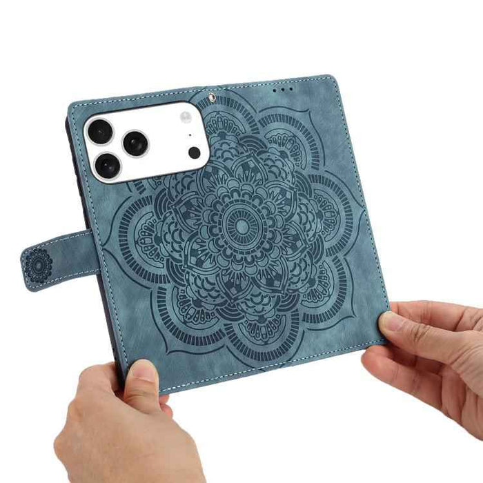 For iPhone 17 Pro Max Mandala Embossed Retro Frosted Leather Phone Case(Blue)