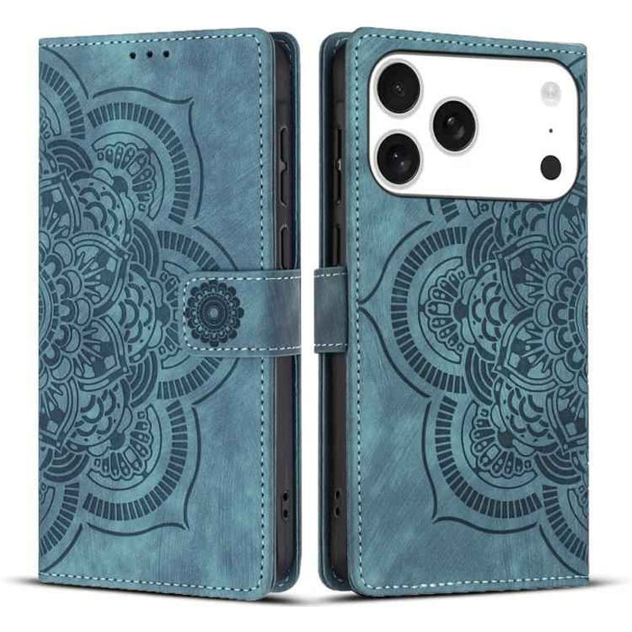 For iPhone 17 Pro Max Mandala Embossed Retro Frosted Leather Phone Case(Blue)