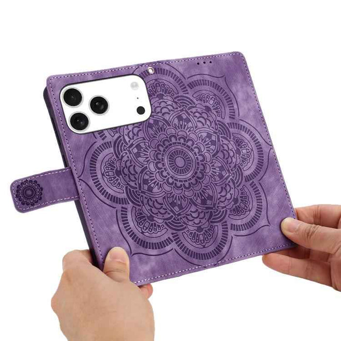 For iPhone 17 Pro Max Mandala Embossed Retro Frosted Leather Phone Case(Purple)