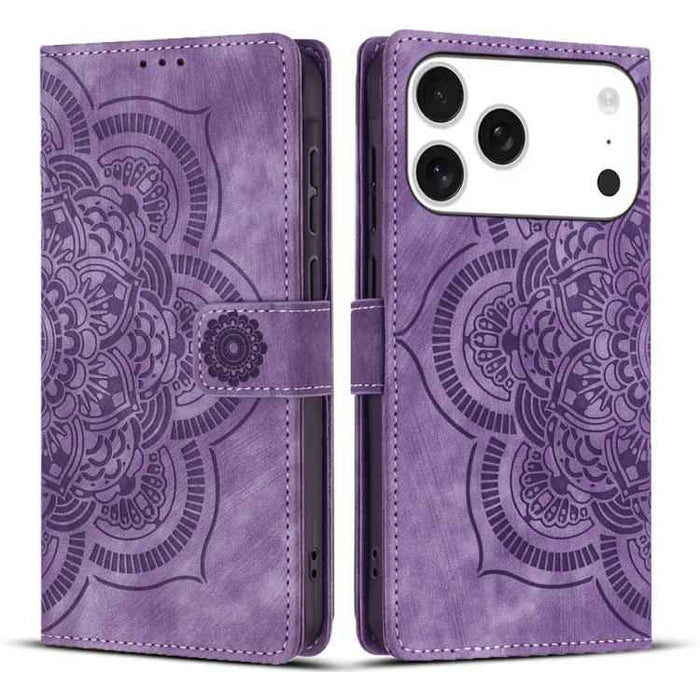 For iPhone 17 Pro Max Mandala Embossed Retro Frosted Leather Phone Case(Purple)