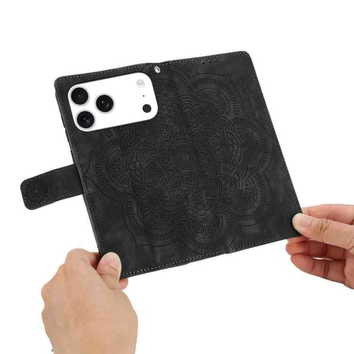 For iPhone 17 Pro Max Mandala Embossed Retro Frosted Leather Phone Case(Black)