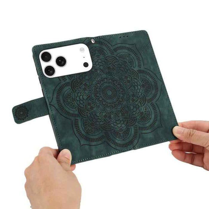For iPhone 17 Pro Mandala Embossed Retro Frosted Leather Phone Case(Green)