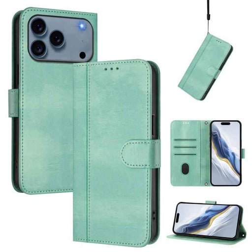 For iPhone 17 Pro Max Line Splicing Buckle Retro Leather Phone Case(Mint Green)