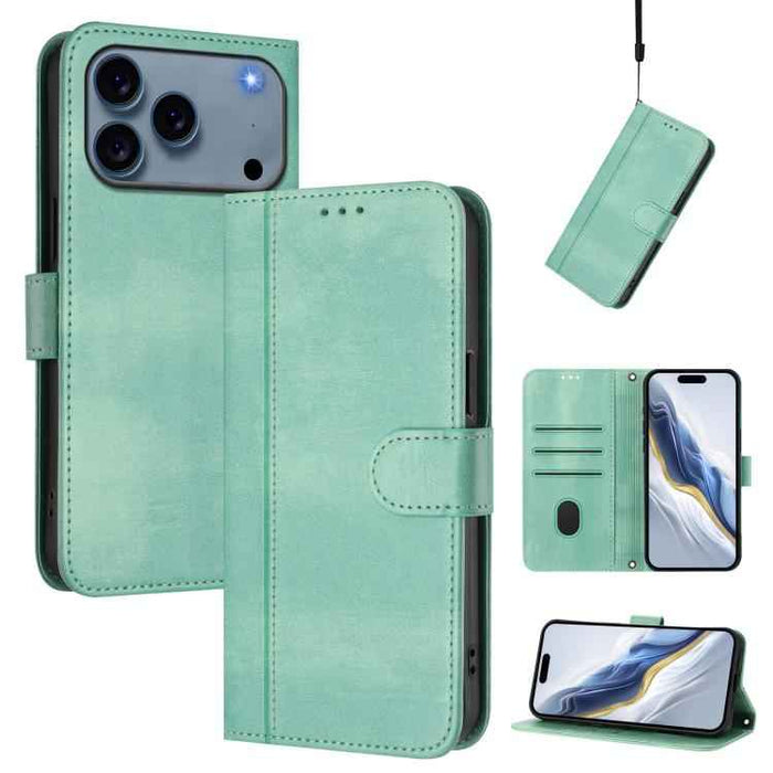 For iPhone 17 Pro Max Line Splicing Buckle Retro Leather Phone Case(Mint Green)