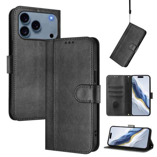 For iPhone 17 Pro Max Line Splicing Buckle Retro Leather Phone Case(Black)