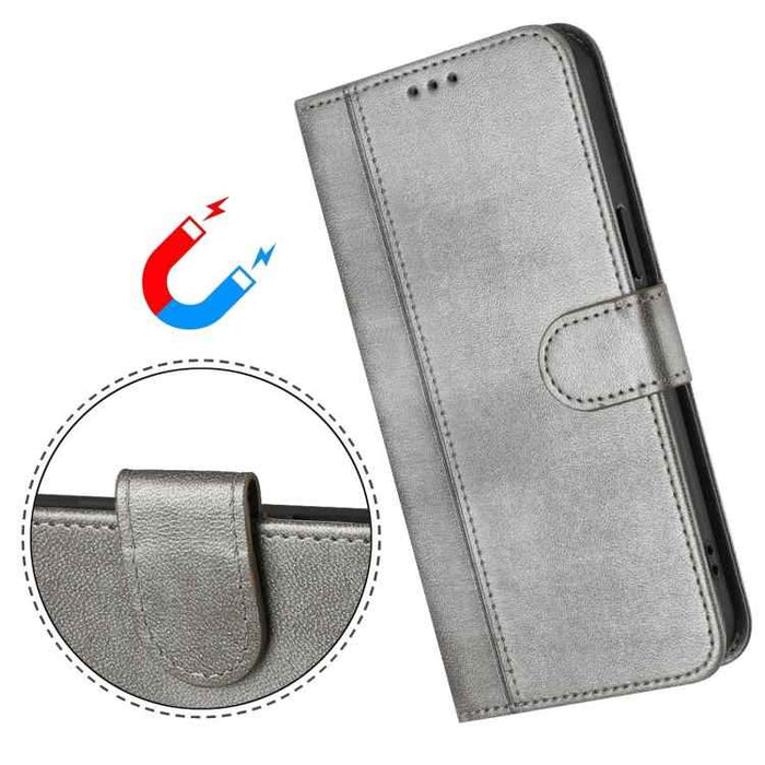 For iPhone 17 Pro Max Line Splicing Buckle Retro Leather Phone Case(Grey)