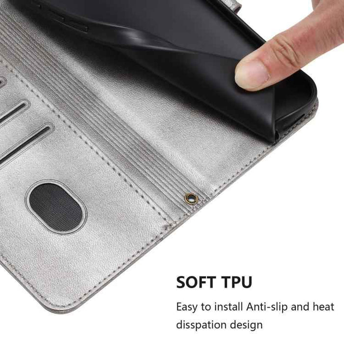 For iPhone 17 Pro Max Line Splicing Buckle Retro Leather Phone Case(Grey)
