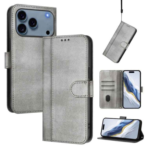For iPhone 17 Pro Max Line Splicing Buckle Retro Leather Phone Case(Grey)