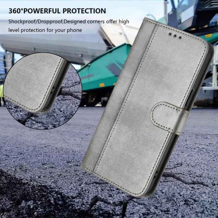 For iPhone 17 Pro Max Line Splicing Buckle Retro Leather Phone Case(Grey)