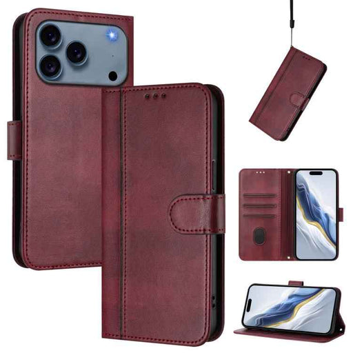 For iPhone 17 Pro Max Line Splicing Buckle Retro Leather Phone Case(Wine Red)