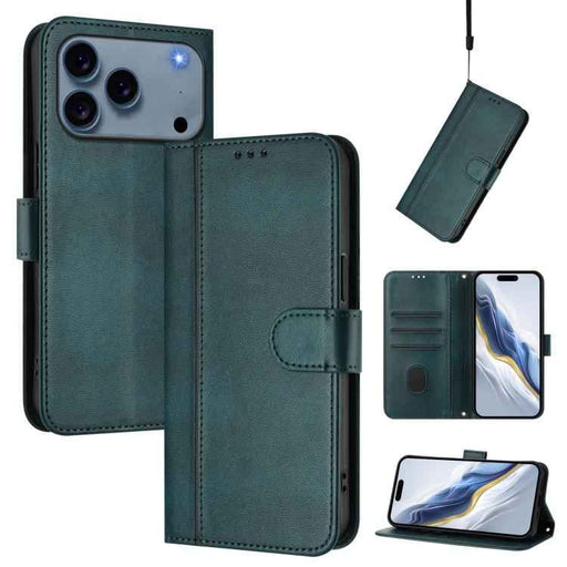 For iPhone 17 Pro Max Line Splicing Buckle Retro Leather Phone Case(Dark Green)