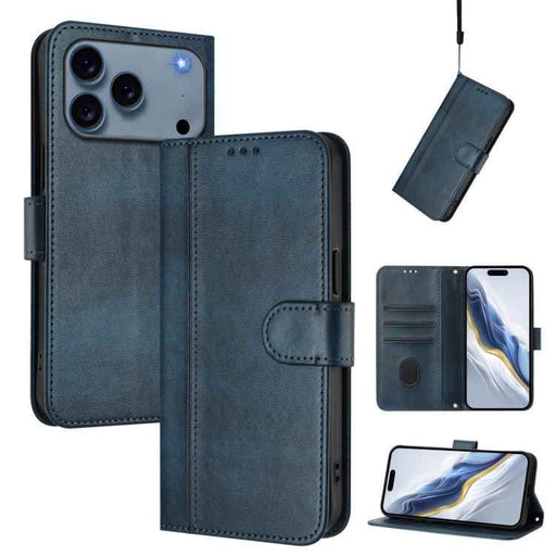 For iPhone 17 Pro Max Line Splicing Buckle Retro Leather Phone Case(Dark Blue)