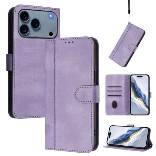 For iPhone 17 Pro Max Line Splicing Buckle Retro Leather Phone Case(Purple)