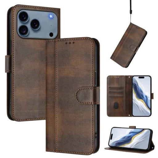 For iPhone 17 Pro Max Line Splicing Buckle Retro Leather Phone Case(Brown)