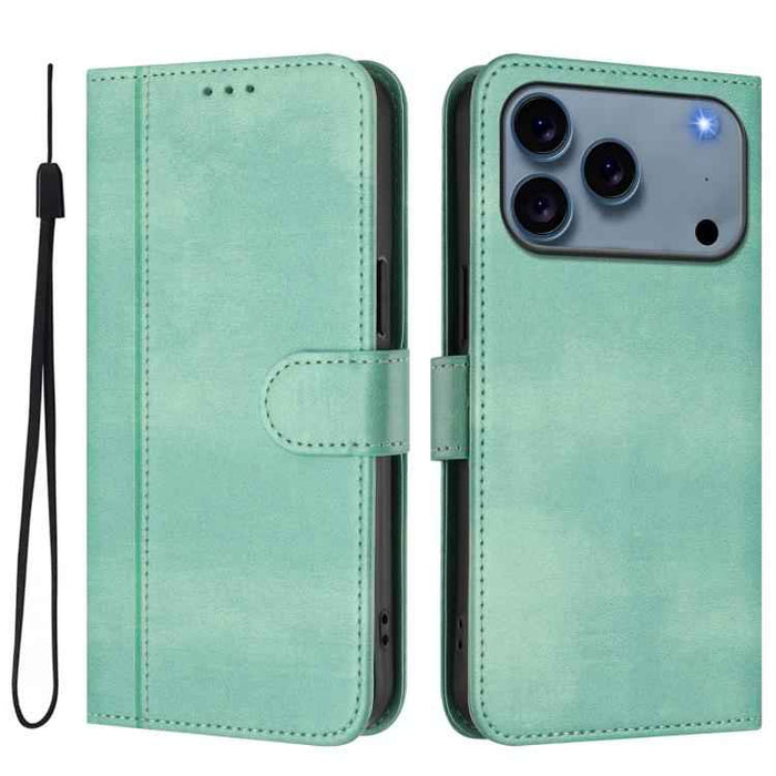 For iPhone 17 Pro Line Splicing Buckle Retro Leather Phone Case(Mint Green)