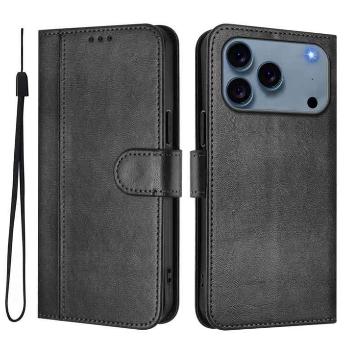 For iPhone 17 Pro Line Splicing Buckle Retro Leather Phone Case(Black)