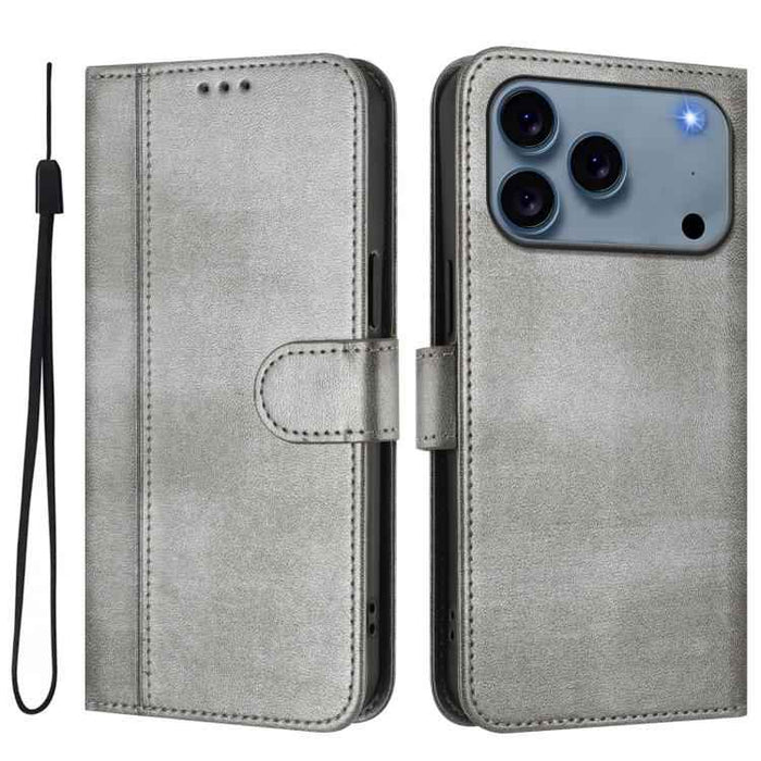For iPhone 17 Pro Line Splicing Buckle Retro Leather Phone Case(Grey)