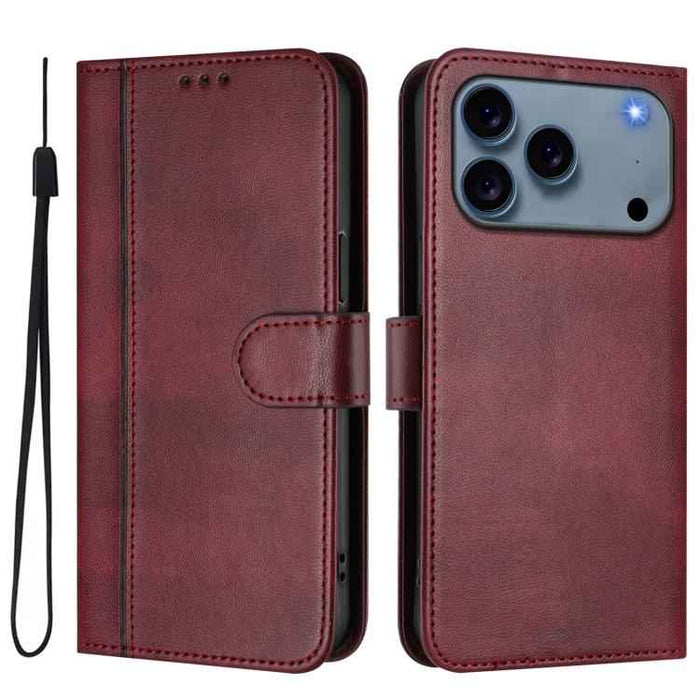 For iPhone 17 Pro Line Splicing Buckle Retro Leather Phone Case(Wine Red)