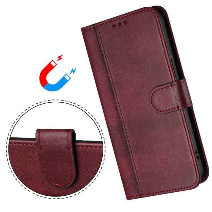 For iPhone 17 Pro Line Splicing Buckle Retro Leather Phone Case(Wine Red)