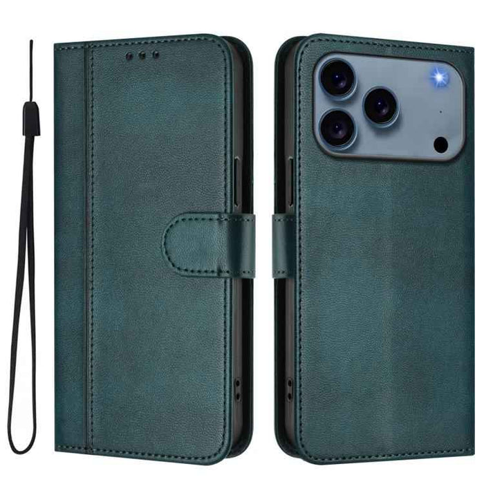 For iPhone 17 Pro Line Splicing Buckle Retro Leather Phone Case(Dark Green)