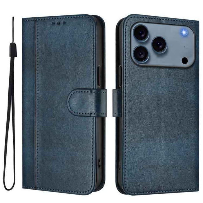For iPhone 17 Pro Line Splicing Buckle Retro Leather Phone Case(Dark Blue)