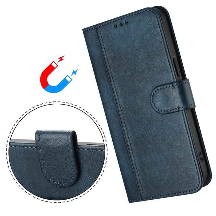 For iPhone 17 Pro Line Splicing Buckle Retro Leather Phone Case(Dark Blue)