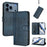 For iPhone 17 Pro Line Splicing Buckle Retro Leather Phone Case(Dark Blue)