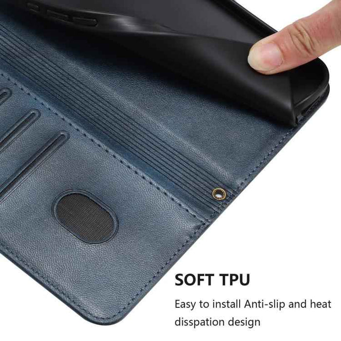 For iPhone 17 Pro Line Splicing Buckle Retro Leather Phone Case(Dark Blue)